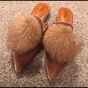 velvet faux fur mules blush
